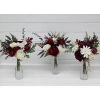 Simple wedding table flowers. Mini bouquets for vases in burgundy ivory color scheme. Flowers for wedding decor. Table flowers. Centerpiece. 0040