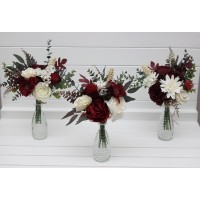 Simple wedding table flowers. Mini bouquets for vases in burgundy ivory color scheme. Flowers for wedding decor. Table flowers. Centerpiece. 0040