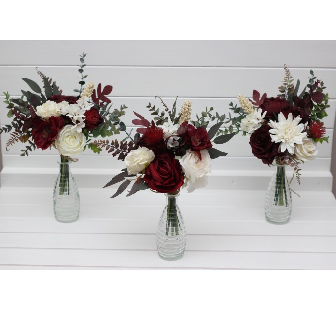 Simple Wedding Table Flowers – Burgundy and Ivory Mini Bouquets