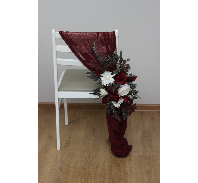 Aisle Flowers in Burgundy and Ivory – Chair & Sign Floral Decorations