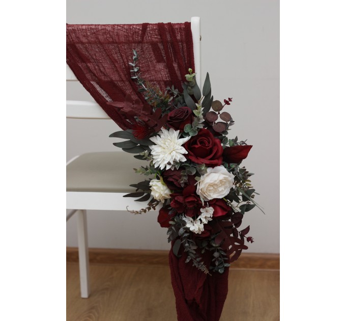 Aisle Flowers in Burgundy and Ivory – Chair & Sign Floral Decorations