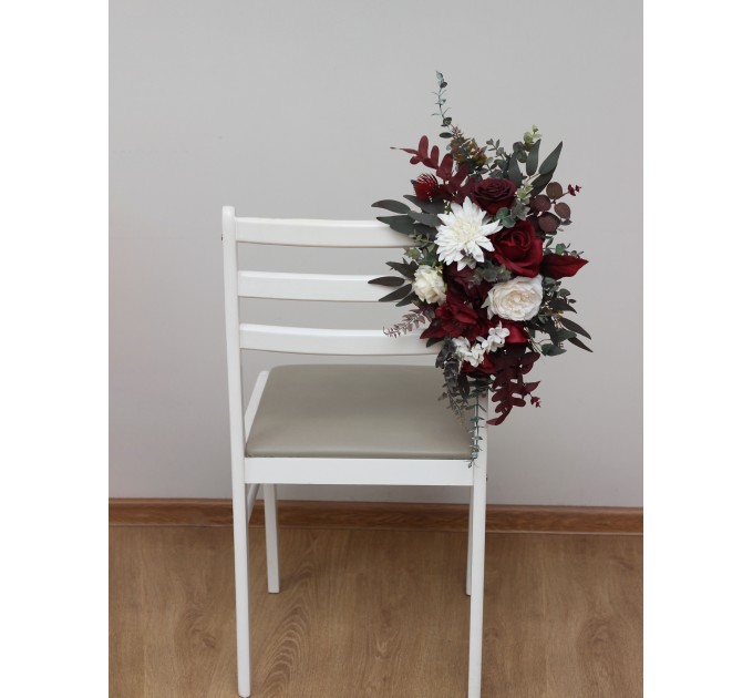 Aisle Flowers in Burgundy and Ivory – Chair & Sign Floral Decorations