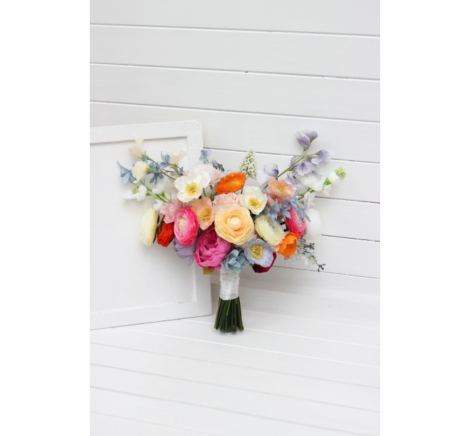 Colorful Bridal Bouquet – Orange, Peach, Dusty Blue, Ivory, and Pink Faux Flowers