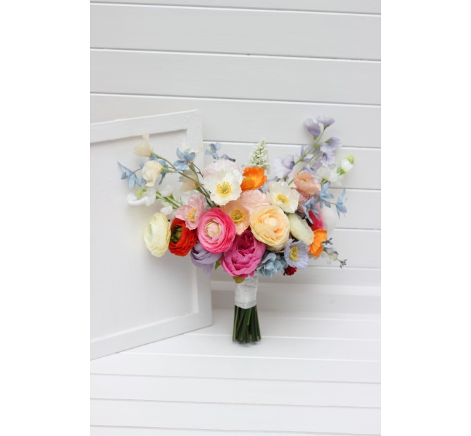 Colorful Bridal Bouquet – Orange, Peach, Dusty Blue, Ivory, and Pink Faux Flowers