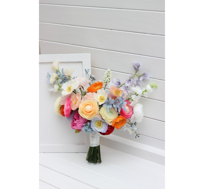 Colorful Bridal Bouquet – Orange, Peach, Dusty Blue, Ivory, and Pink Faux Flowers