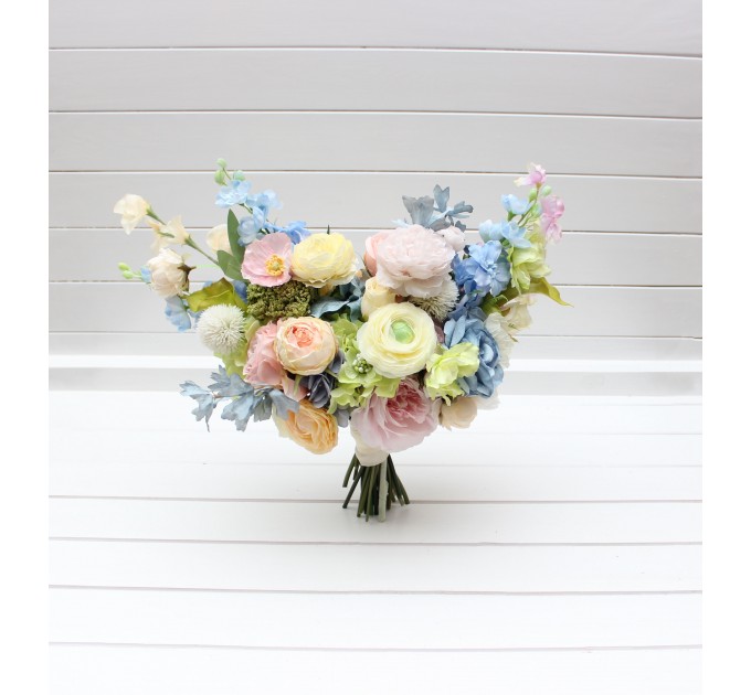 Colorful Bridal Bouquet – Green, Yellow, Pink, Dusty Blue Wildflowers