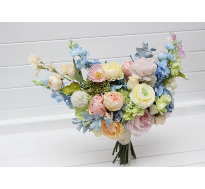 Colorful Bridal Bouquet – Green, Yellow, Pink, Dusty Blue Wildflowers