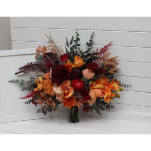 Wedding bouquets in burnt orange red burgundy colors. Bridal bouquet. Cascading bouquet. Faux bouquet. Bridesmaid bouquet. 5103