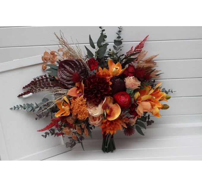 Wedding bouquets in burnt orange red burgundy colors. Bridal bouquet. Cascading bouquet. Faux bouquet. Bridesmaid bouquet. 5103