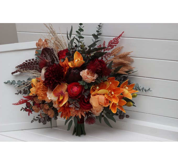 Wedding bouquets in burnt orange red burgundy colors. Bridal bouquet. Cascading bouquet. Faux bouquet. Bridesmaid bouquet. 5103