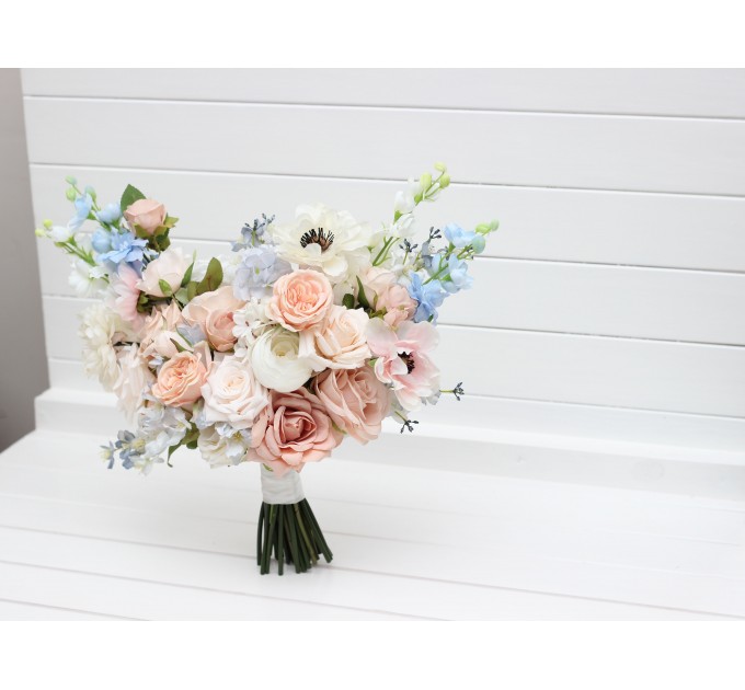 Dusty Blue, Blush Pink, White, and Beige Faux Flower Bridal Bouquet