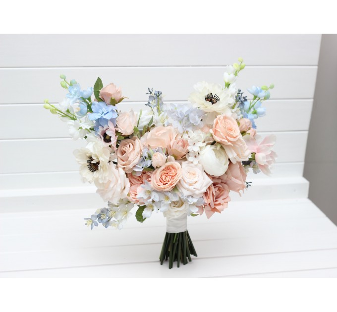 Dusty Blue, Blush Pink, White, and Beige Faux Flower Bridal Bouquet