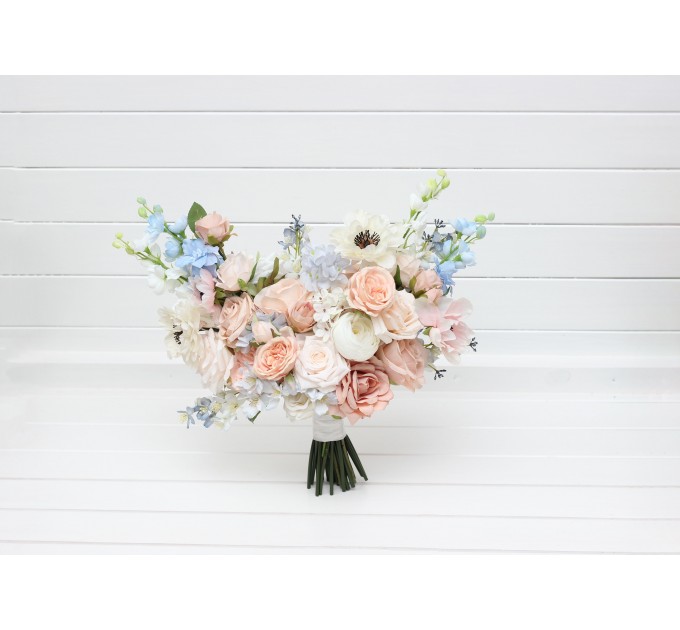 Dusty Blue, Blush Pink, White, and Beige Faux Flower Bridal Bouquet