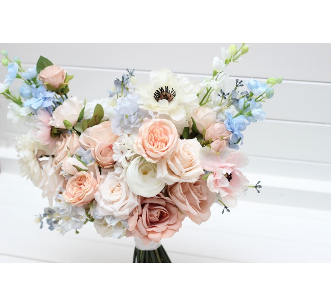 Dusty Blue, Blush Pink, White, and Beige Faux Flower Bridal Bouquet