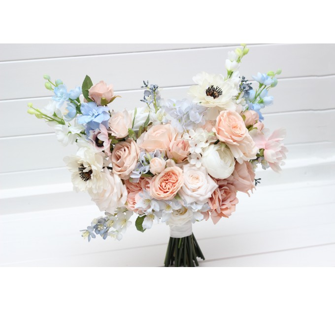 Dusty Blue, Blush Pink, White, and Beige Faux Flower Bridal Bouquet