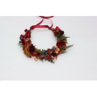 Woodland flower crown in red, blue, and orange. Hair wreath for photoshoots and events. Flower girl crown. Fall wedding flowers. 5372