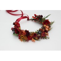 Woodland flower crown in red, blue, and orange. Hair wreath for photoshoots and events. Flower girl crown. Fall wedding flowers. 5372