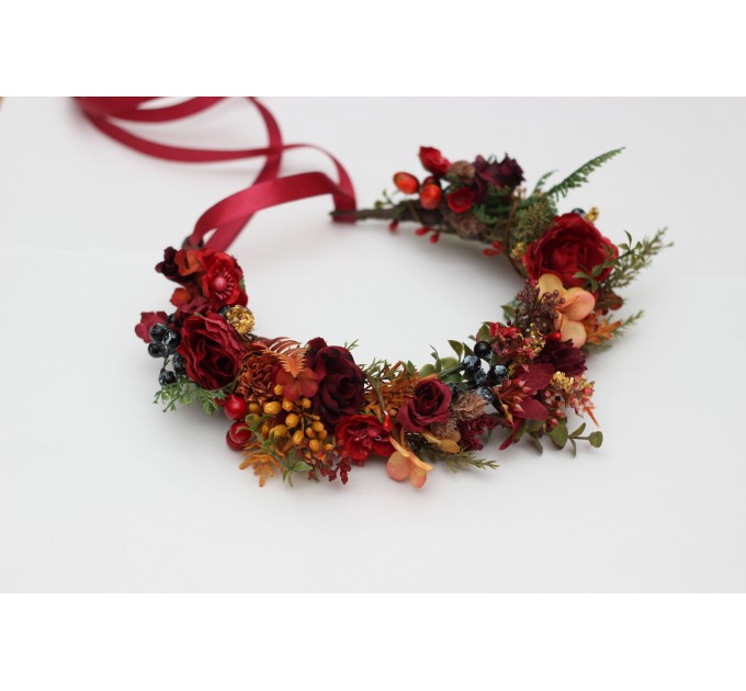 Woodland Flower Crown in Red, Blue, and Orange – Fall Wedding & Event Hair Wreath