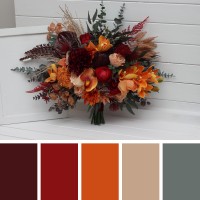 Wedding bouquets in burnt orange red burgundy colors. Bridal bouquet. Cascading bouquet. Faux bouquet. Bridesmaid bouquet. 5103