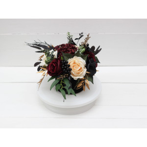 Burgundy black gold ivory centerpiece. Table decor. Wedding flowers in box. 0032