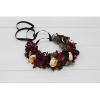 Burgundy black gold ivory  flower crown. Hair wreath. Flower girl crown. Wedding flowers. 0032