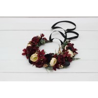 Burgundy black gold ivory  flower crown. Hair wreath. Flower girl crown. Wedding flowers. 0032