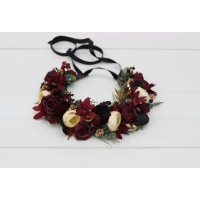 Burgundy black gold ivory  flower crown. Hair wreath. Flower girl crown. Wedding flowers. 0032