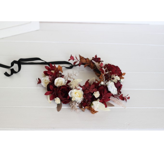 Burgundy brown cream flower crown. Hair wreath. Flower girl crown. Wedding flowers. 0041