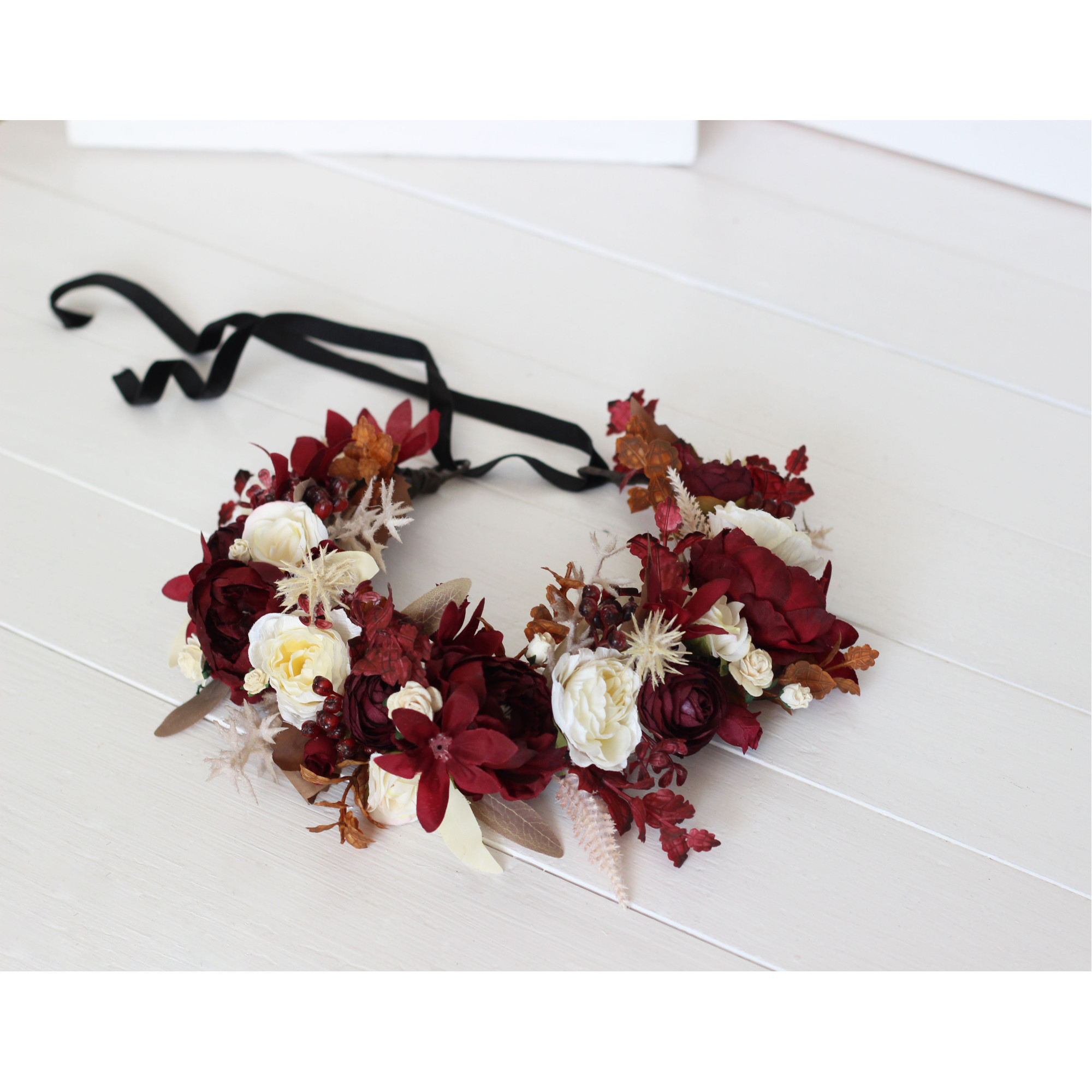 Chic Burgundy Floral Headwrap Burgundy Red Vintage Rose Crown Hair Garland main image 3