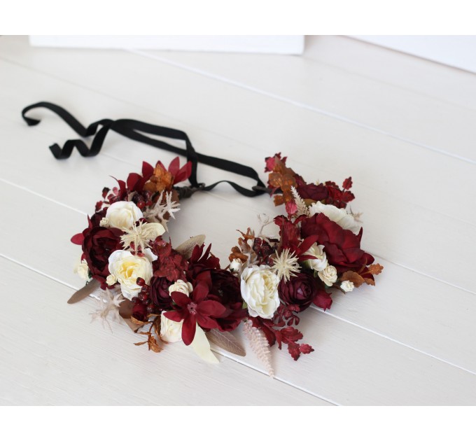 Burgundy brown cream flower crown. Hair wreath. Flower girl crown. Wedding flowers. 0041