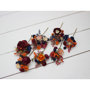  Set of 7 hair pins in orange burgundy navy blue color scheme. Hair accessories. Flower accessories for wedding.  0045