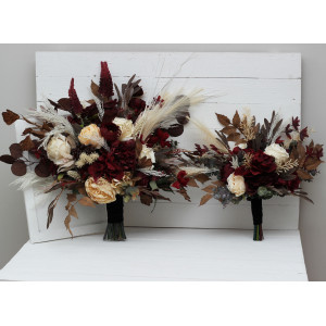 Wedding bouquets in burgundy brown cream colors. Bridal bouquet. Cascading bouquet. Faux bouquet. Bridesmaid bouquet. 0041