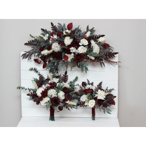 Wedding bouquets in burgundy ivory colors. Bridal bouquet. Cascading bouquet. Faux bouquet. Bridesmaid bouquet. 0040