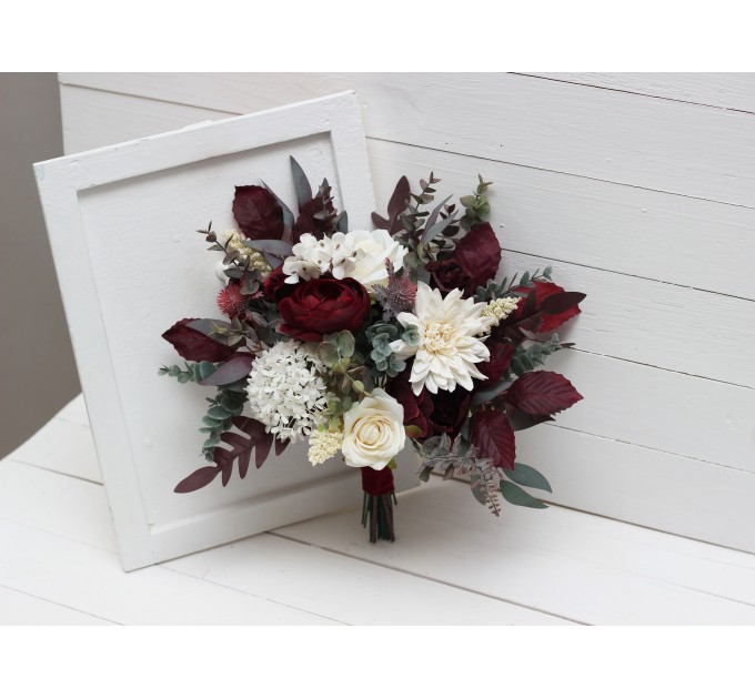 Wedding bouquets in burgundy ivory colors. Bridal bouquet. Cascading bouquet. Faux bouquet. Bridesmaid bouquet. 0040
