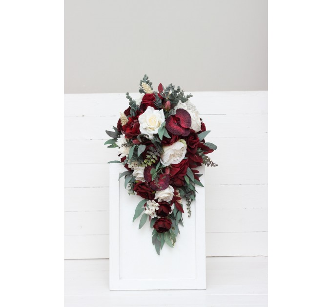 Wedding bouquets in burgundy ivory colors. Bridal bouquet. Cascading bouquet. Faux bouquet. Bridesmaid bouquet. 0040