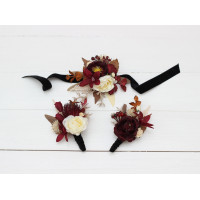  Wedding boutonnieres and wrist corsage  in burgundy brown cream color theme. Flower accessories. 0041