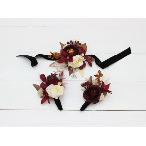  Wedding boutonnieres and wrist corsage  in burgundy brown cream color theme. Flower accessories. 0041