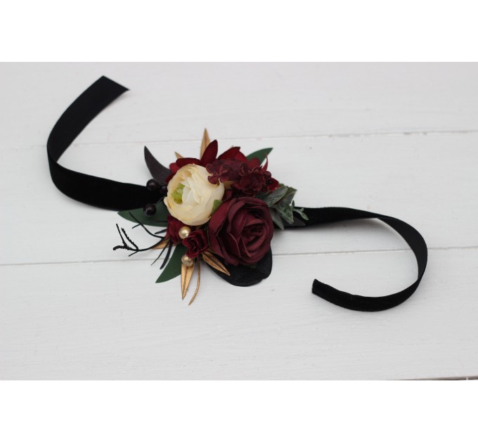  Wedding boutonnieres and wrist corsage  inBurgundy black gold ivory color theme. Flower accessories. 0032