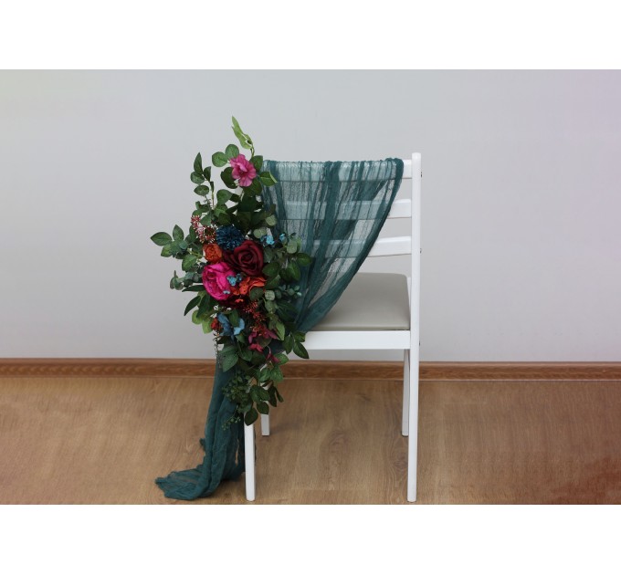 Aisle flowers in jewel-tone scheme. Chair flowers. Sign flowers. Wedding flowers. Flowers for wedding decor. 5187