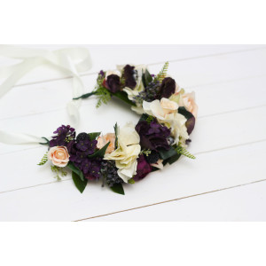 Large flower crown in purple pink and ivory with black berries. Hair wreath. Wedding flowers. 5382