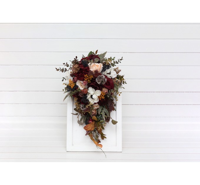 Cascade and Classic Bridal Bouquets – Burgundy, Ivory, and Brown Faux Flowers