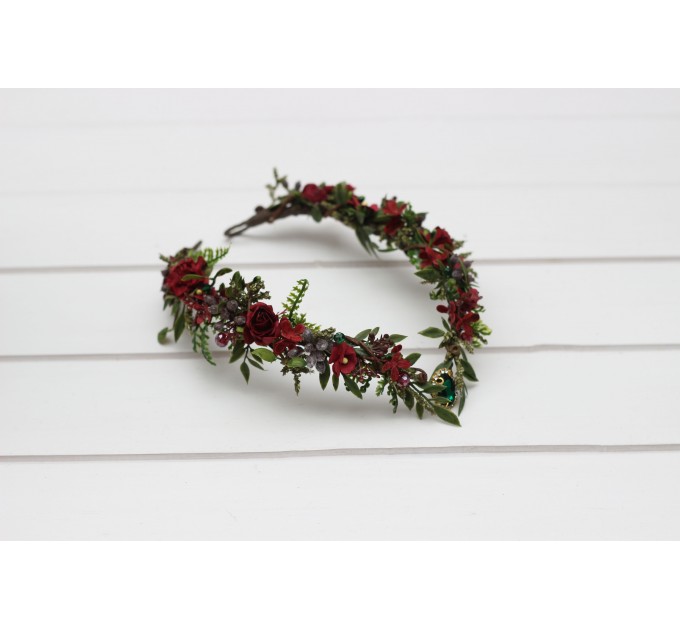 V-Shaped Burgundy, Red, and Green Elven Crown – Woodland Flower Circlet