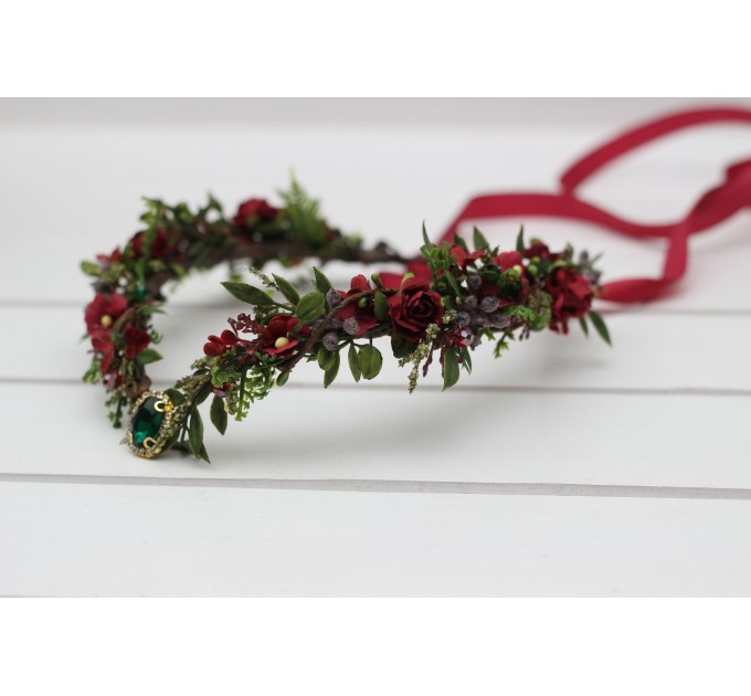 V-Shaped Burgundy, Red, and Green Elven Crown – Woodland Flower Circlet