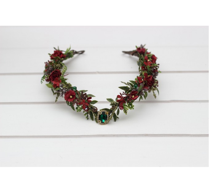 V-Shaped Burgundy, Red, and Green Elven Crown – Woodland Flower Circlet