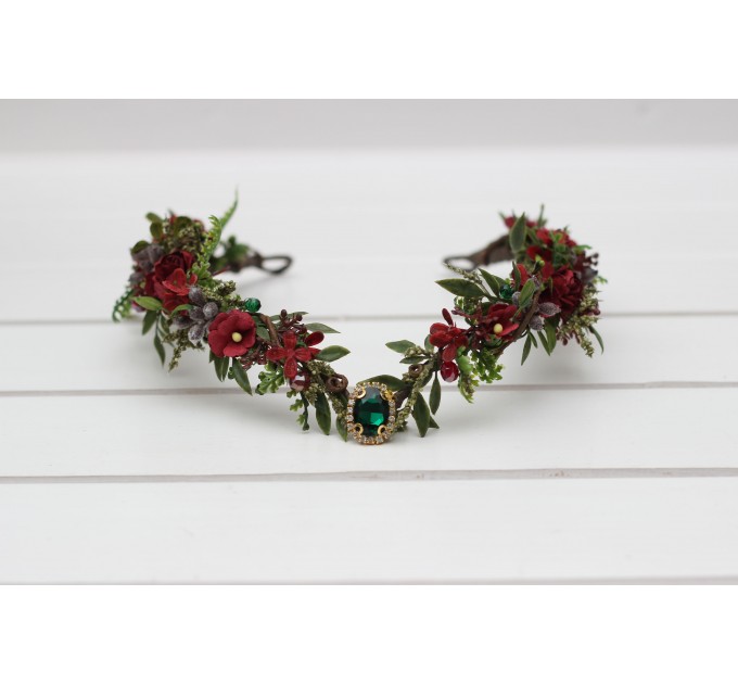 V-Shaped Burgundy, Red, and Green Elven Crown – Woodland Flower Circlet