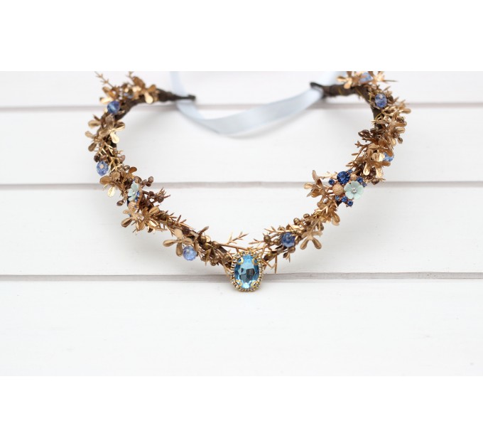 V-Shaped Blue and Gold Elven Crown – Woodland Flower Circlet