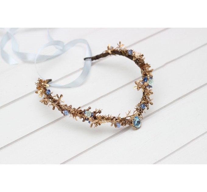 V-Shaped Blue and Gold Elven Crown – Woodland Flower Circlet