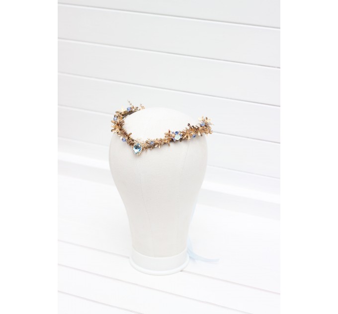 V-Shaped Blue and Gold Elven Crown – Woodland Flower Circlet