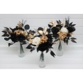 Simple Wedding Table Flowers in Black, Ivory, and Gold