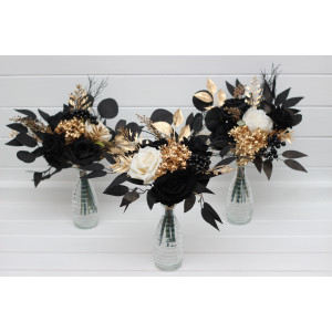 Simple wedding table flowers. Mini bouquets for vases in black ivory gold color scheme. Flowers for wedding decor. Table flowers. Centerpiece. 5159